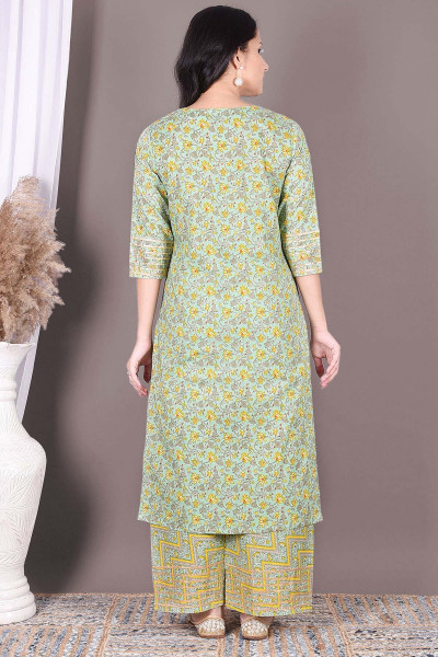 Women Pure Cotton Straight Round Neck Kurta Palazzo DupattaSet