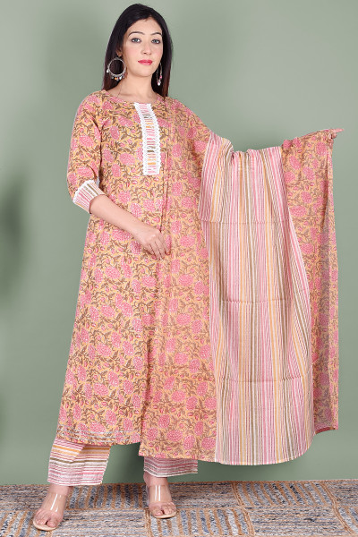 Women Pure Cotton Straight Round Neck Kurta Palazzo DupattaSet