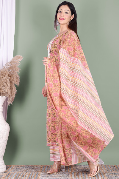 Women Pure Cotton Straight Round Neck Kurta Palazzo DupattaSet