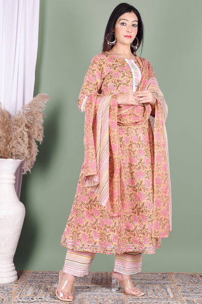 Women Pure Cotton Straight Round Neck Kurta Palazzo DupattaSet
