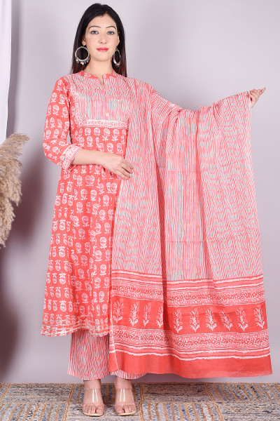Women Pure Cotton A-line Mandarin Collar Kurta Palazzo DupattaSet