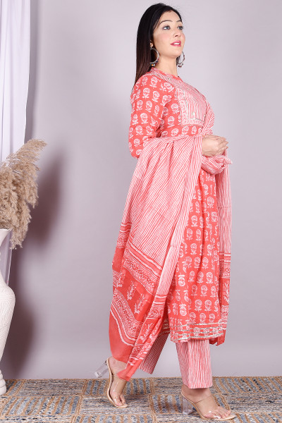 Women Pure Cotton A-line Mandarin Collar Kurta Palazzo DupattaSet