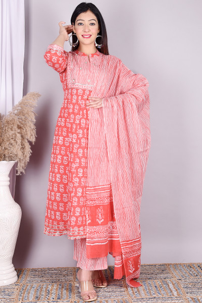 Women Pure Cotton A-line Mandarin Collar Kurta Palazzo DupattaSet