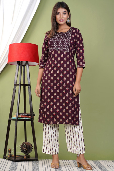 Women Cotton Rayon Straight Round Neck Kurta Palazzo Set
