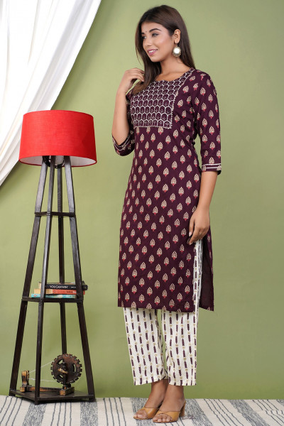Women Cotton Rayon Straight Round Neck Kurta Palazzo Set