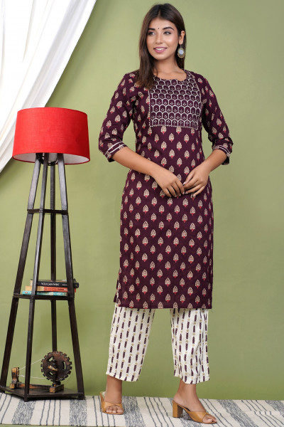 Women Cotton Rayon Straight Round Neck Kurta Palazzo Set