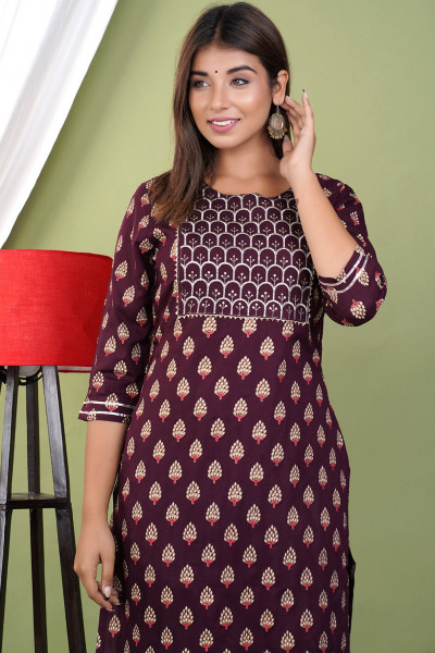 Women Cotton Rayon Straight Round Neck Kurta Palazzo Set
