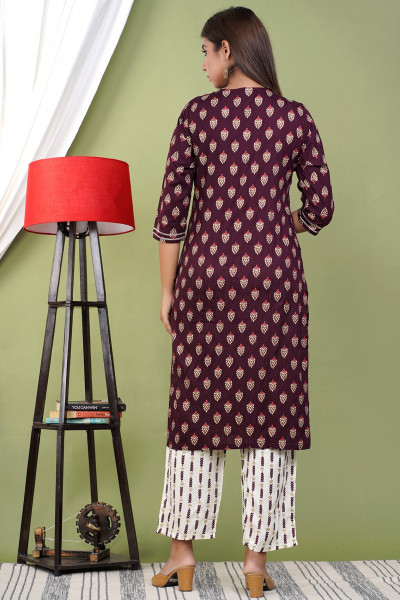 Women Cotton Rayon Straight Round Neck Kurta Palazzo Set
