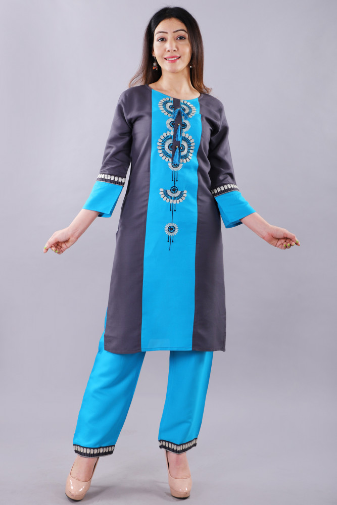 Women Cotton Rayon Straight Round Neck Kurta Palazzo Set
