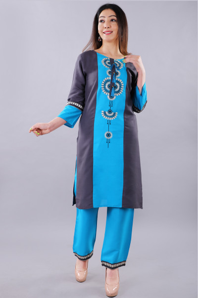 Women Cotton Rayon Straight Round Neck Kurta Palazzo Set