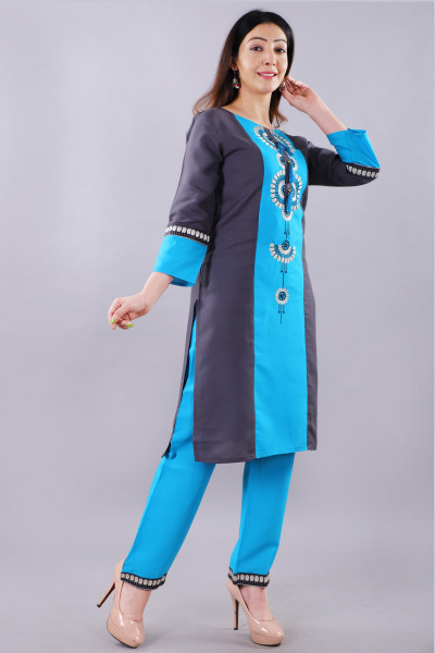 Women Cotton Rayon Straight Round Neck Kurta Palazzo Set