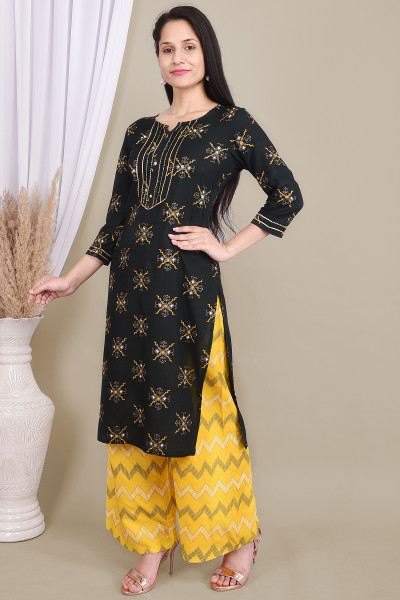 Women Cotton Rayon Straight Round Neck Kurta Palazzo Set