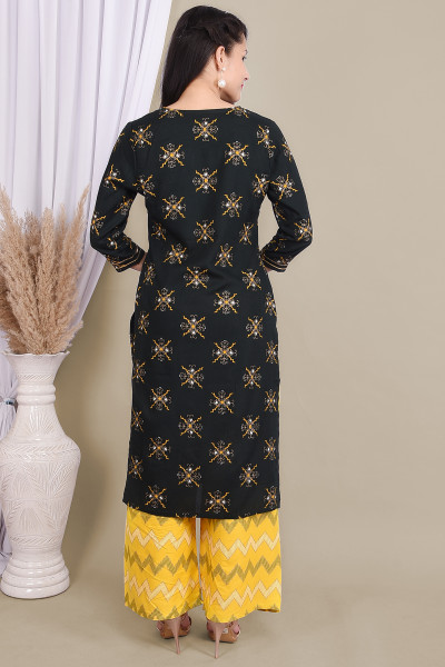 Women Cotton Rayon Straight Round Neck Kurta Palazzo Set