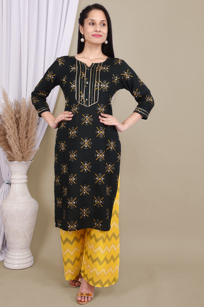 Women Cotton Rayon Straight Round Neck Kurta Palazzo Set