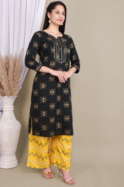 Women Cotton Rayon Straight Round Neck Kurta Palazzo Set