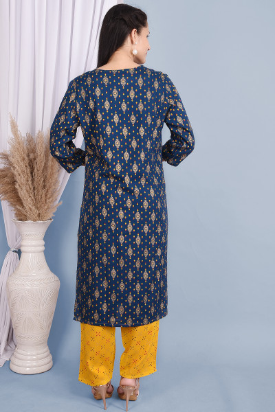 Women Cotton Rayon Straight Round Neck Kurta Palazzo Set