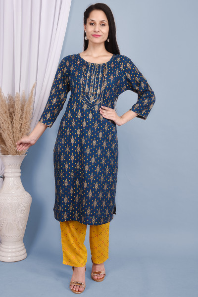 Women Cotton Rayon Straight Round Neck Kurta Palazzo Set