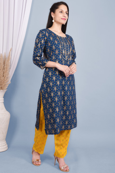 Women Cotton Rayon Straight Round Neck Kurta Palazzo Set