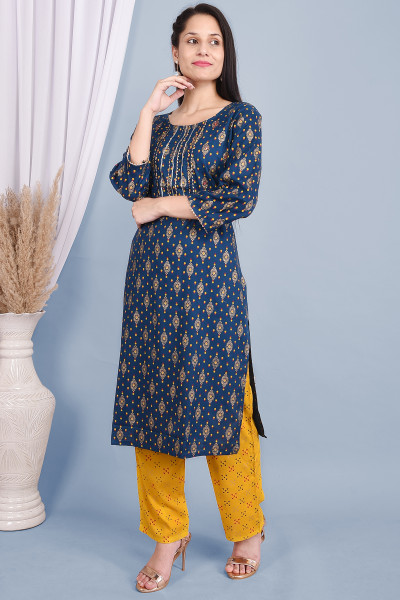 Women Cotton Rayon Straight Round Neck Kurta Palazzo Set