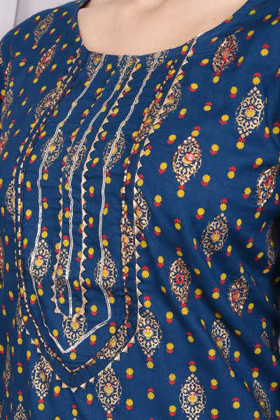 Women Cotton Rayon Straight Round Neck Kurta Palazzo Set
