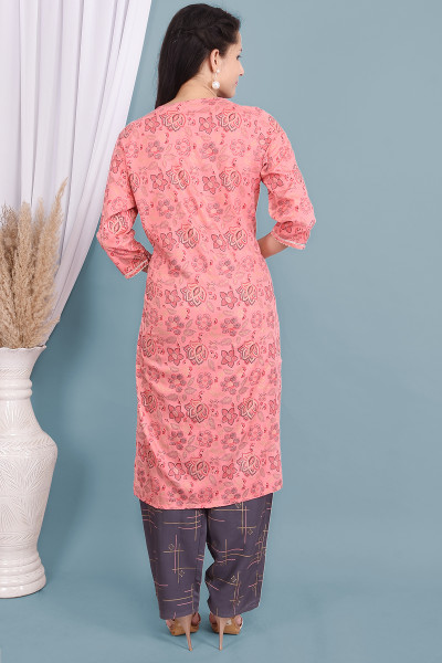 Women Cotton Rayon Straight Round Neck Kurta Palazzo Set