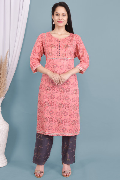 Women Cotton Rayon Straight Round Neck Kurta Palazzo Set