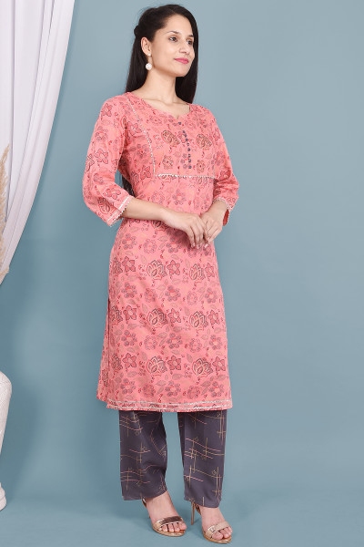 Women Cotton Rayon Straight Round Neck Kurta Palazzo Set