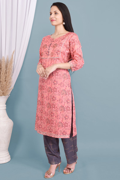 Women Cotton Rayon Straight Round Neck Kurta Palazzo Set