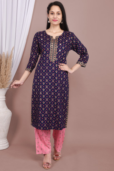Women Cotton Rayon Straight Round Neck Kurta Palazzo Set