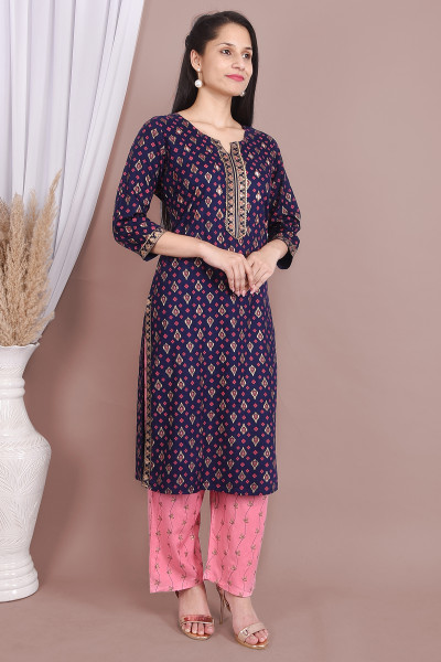 Women Cotton Rayon Straight Round Neck Kurta Palazzo Set