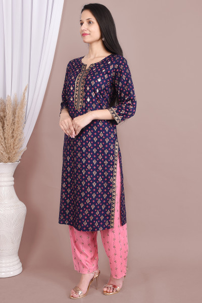 Women Cotton Rayon Straight Round Neck Kurta Palazzo Set