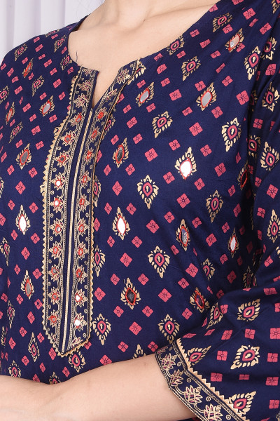 Women Cotton Rayon Straight Round Neck Kurta Palazzo Set