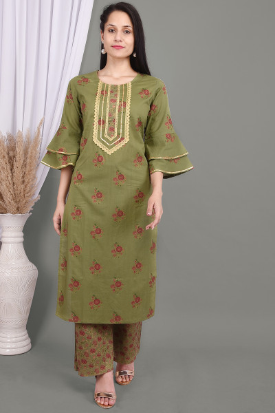 Women Cotton Rayon Straight Round Neck Kurta Palazzo Set