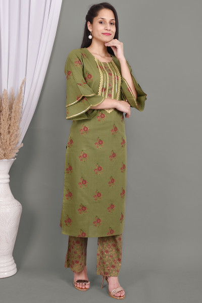 Women Cotton Rayon Straight Round Neck Kurta Palazzo Set