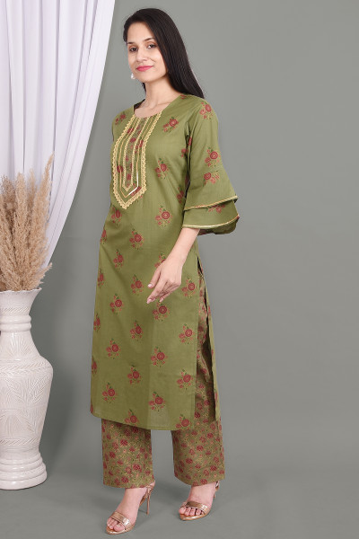 Women Cotton Rayon Straight Round Neck Kurta Palazzo Set