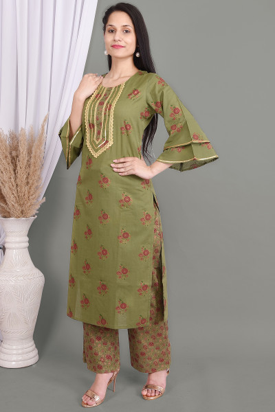 Women Cotton Rayon Straight Round Neck Kurta Palazzo Set