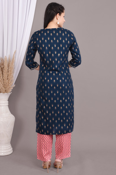 Women Cotton Rayon Straight Round Neck Kurta Palazzo Set