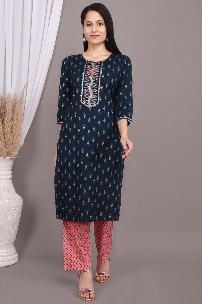 Women Cotton Rayon Straight Round Neck Kurta Palazzo Set