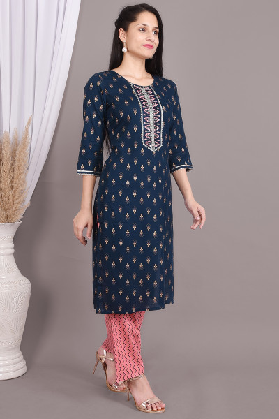 Women Cotton Rayon Straight Round Neck Kurta Palazzo Set