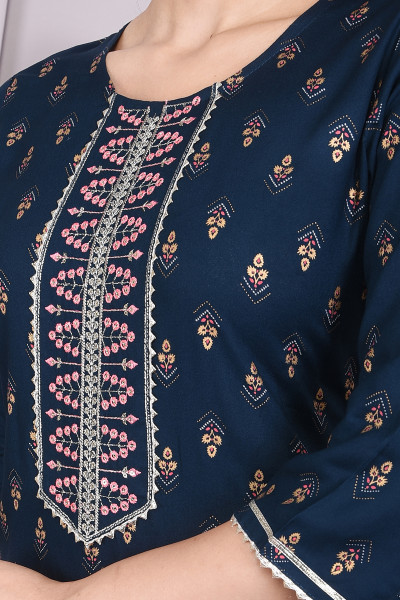 Women Cotton Rayon Straight Round Neck Kurta Palazzo Set