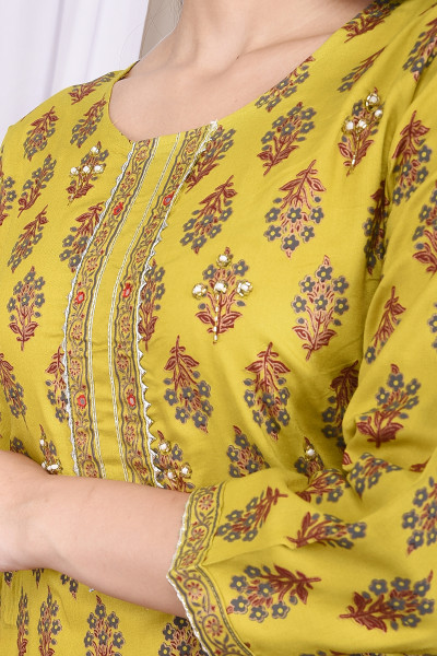 Women Cotton Rayon Straight Round Neck Kurta Palazzo Set