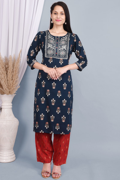 Women Cotton Rayon Straight Round Neck Kurta Palazzo Set