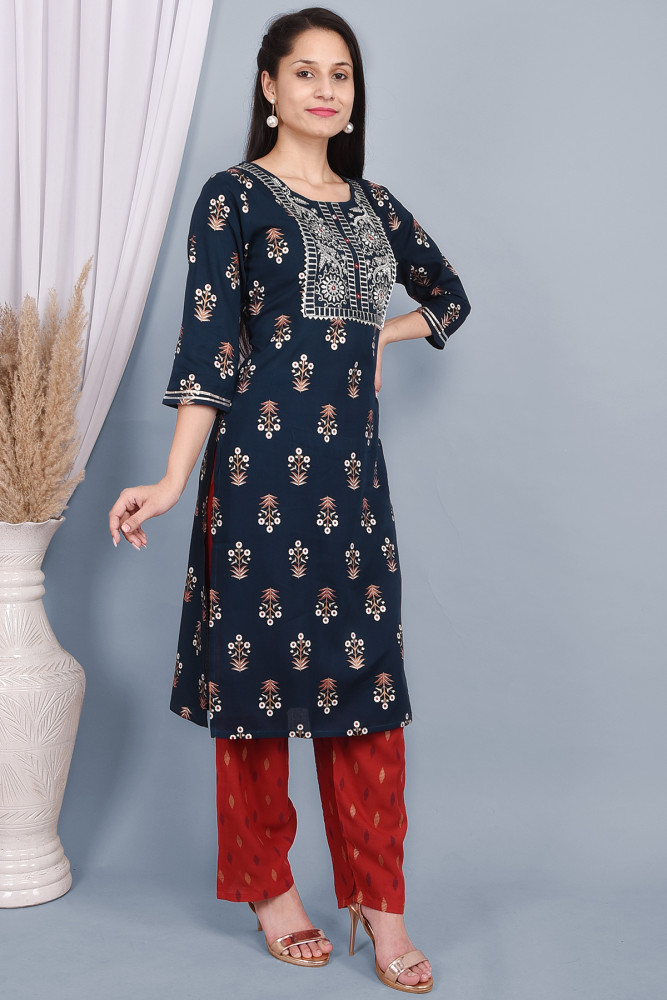Women Cotton Rayon Straight Round Neck Kurta Palazzo Set