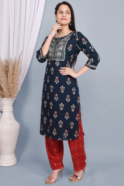 Women Cotton Rayon Straight Round Neck Kurta Palazzo Set