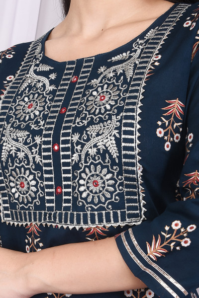 Women Cotton Rayon Straight Round Neck Kurta Palazzo Set