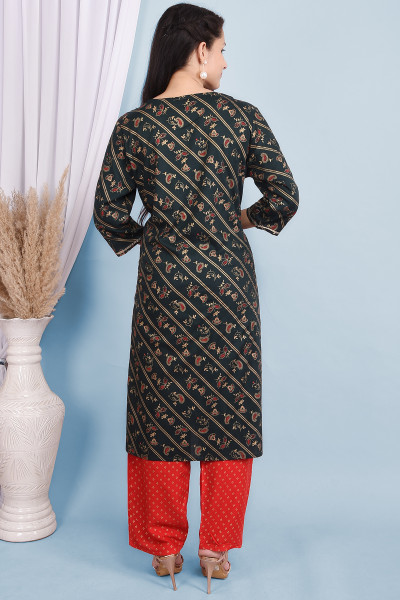 Women Cotton Rayon Straight Round Neck Kurta Palazzo Set