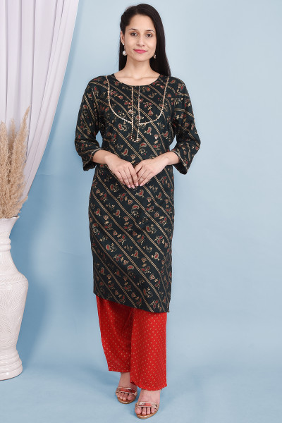 Women Cotton Rayon Straight Round Neck Kurta Palazzo Set