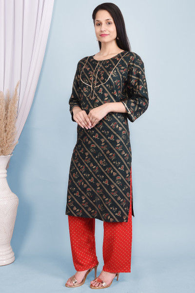 Women Cotton Rayon Straight Round Neck Kurta Palazzo Set