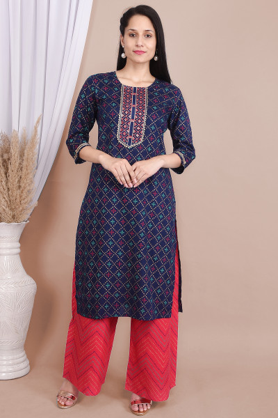 Women Cotton Rayon Straight Round Neck Kurta Palazzo Set