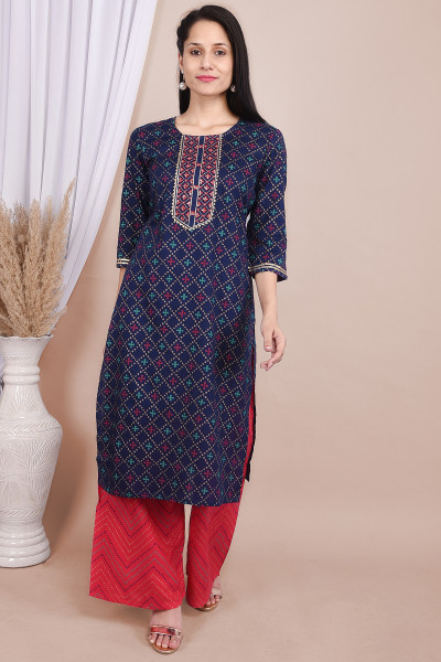 Women Cotton Rayon Straight Round Neck Kurta Palazzo Set